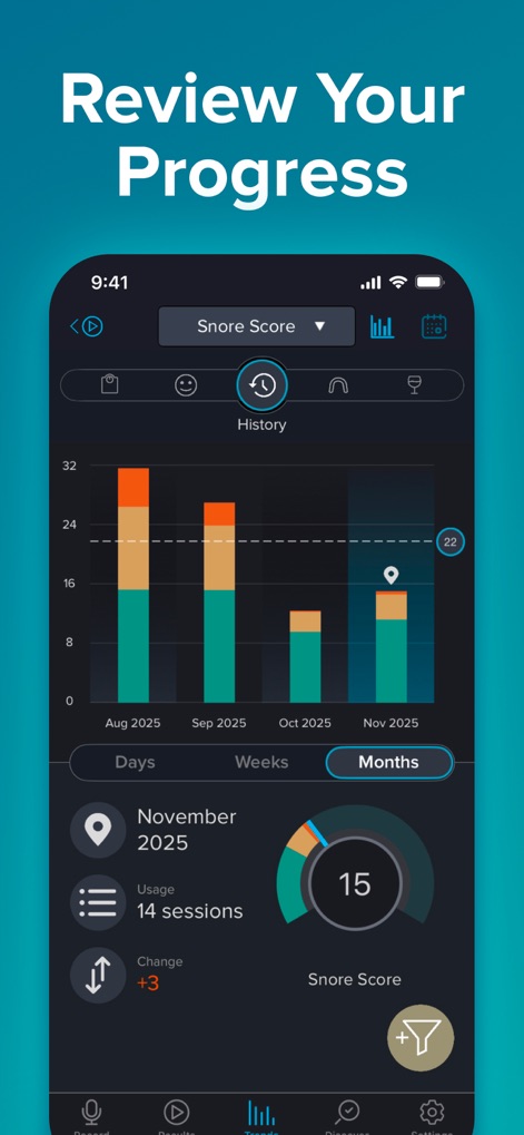 SnoreLab : Record Your Snoring - Track snoring improvements over time with the historical stacked bar chart and monitor the changing Snore Score via the circular progress indicator.