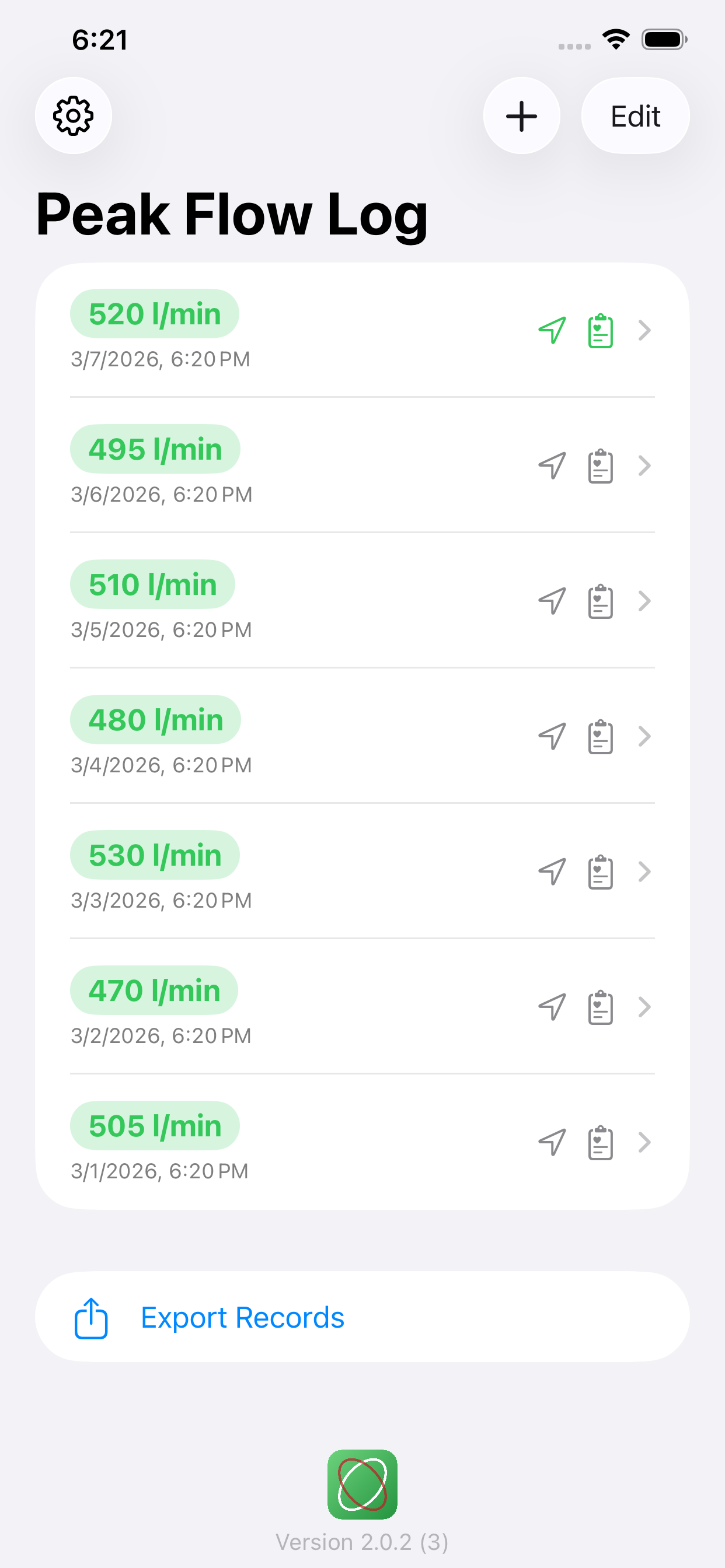 Peak Flow Log - Asthma diary