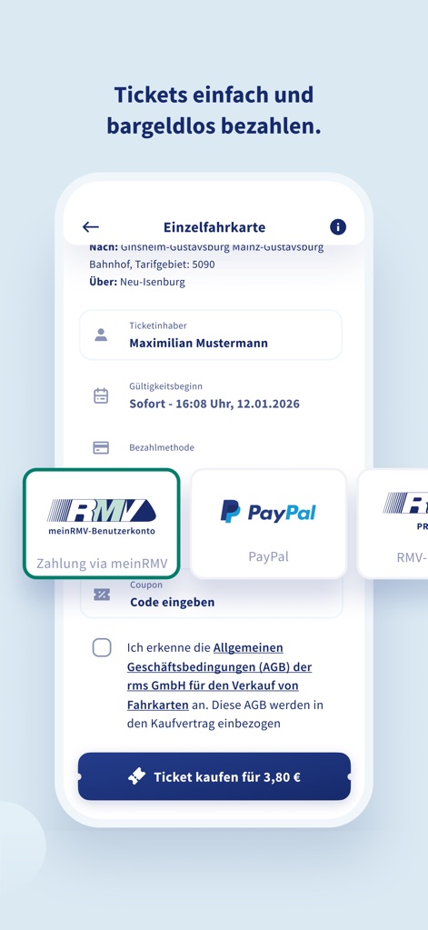 RMVgo - This interface provides secure and cashless payment options, allowing users to complete purchases using their meinRMV account or popular services like PayPal.