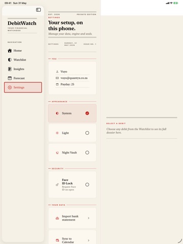 DebitWatch iPad screenshot