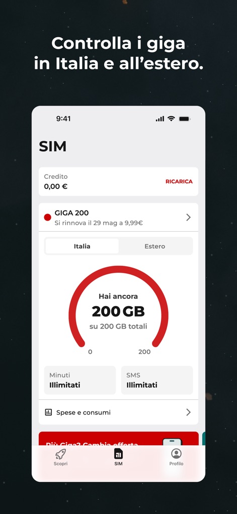 iliad - Users can quickly monitor their data consumption with the intuitive circular usage meter and seamlessly switch between national and international usage statistics.