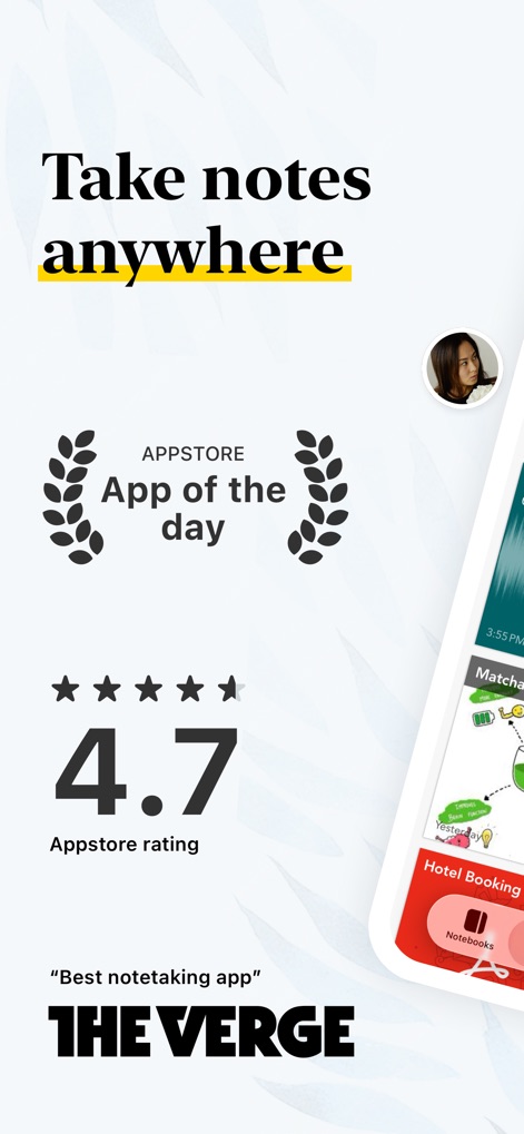 Notebook – Notes, Notepad - Esta captura de tela destaca o reconhecimento do aplicativo como 'App do Dia' na App Store e sua impressionante classificação de 4.7 estrelas, reforçando sua reputação como uma ferramenta de anotações superior.