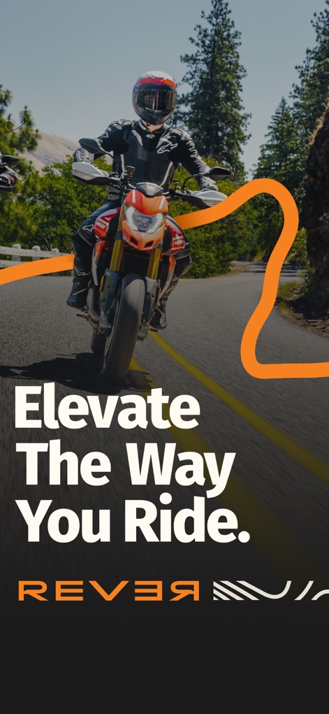 REVER - Motorcycle GPS & Rides - The app introduces its mission to enhance the riding experience, visually represented by a dynamic shot of a rider on a winding road and the bold "Elevate The Way You Ride" slogan.