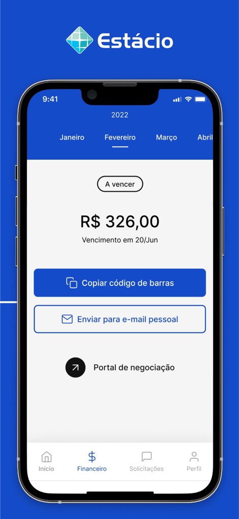 Minha Estácio - The app provides a clear monthly breakdown of financial obligations and direct access to payment options, including a dedicated negotiation portal.