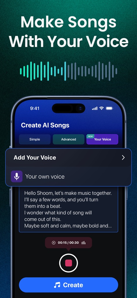 AI Music, Song Generator・Shoom - 이 앱은 사용자의 목소리를 녹음하여 음악으로 변환할 수 있으며, 텍스트 입력과 녹음 시간 제한(00:30)을 통해 AI 곡을 쉽게 생성할 수 있습니다.