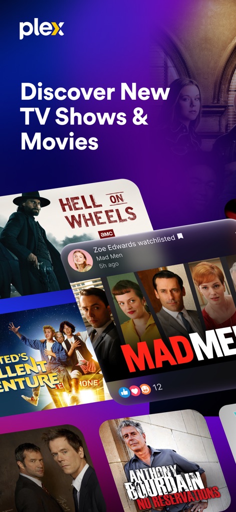 Plex: Stream Live TV Channels - The app presents a dynamic collage of diverse movie and TV show covers, highlighting new content and social activity from other users.