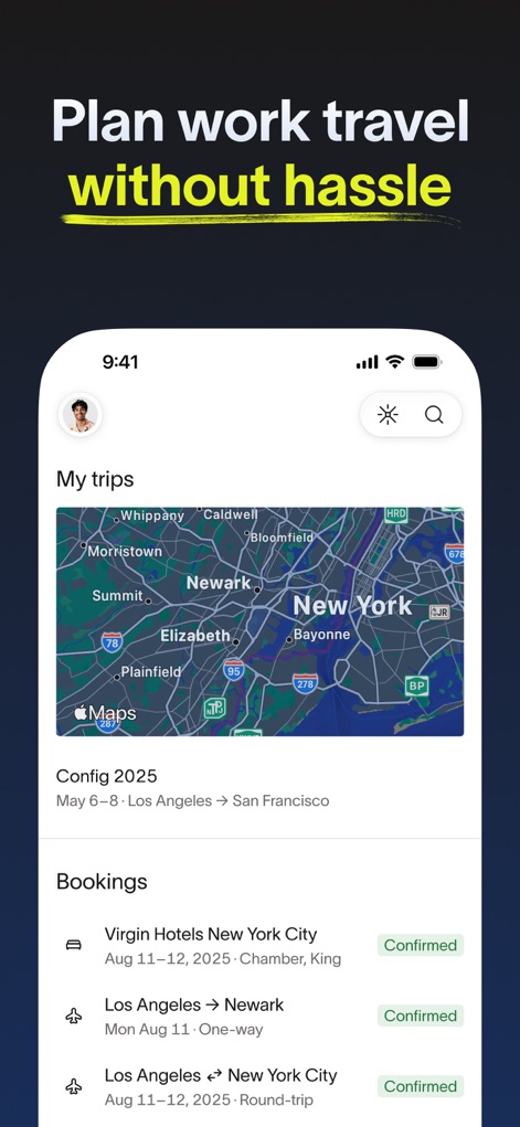 Ramp - 사용자는 통합 지도 보기(뉴욕 지도)를 통해 여행 경로를 파악하고, 호텔 및 항공편에 대한 상세한 예약 확인 정보(호텔, 항공편 일정)를 확인할 수 있습니다.