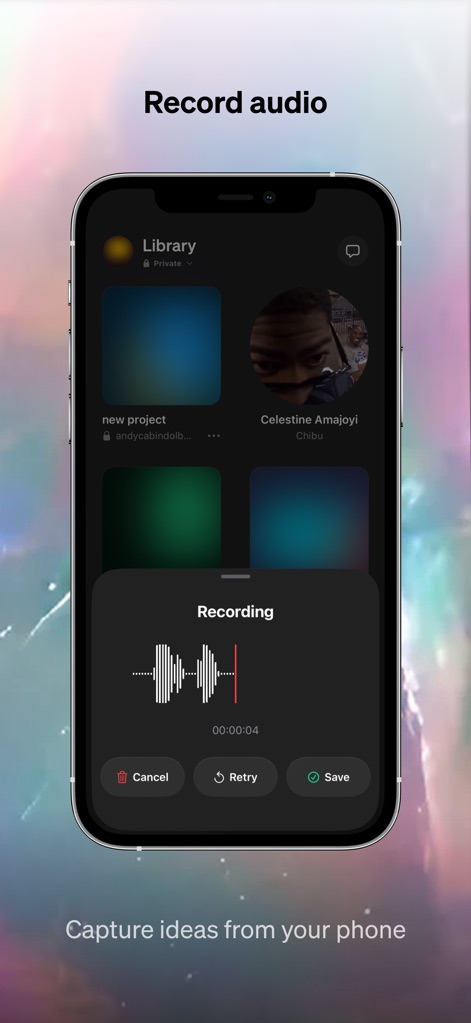 Baton - Unreleased Music - La aplicación dispone de una interfaz de grabación con una forma de onda en tiempo real y botones para 'Cancel', 'Retry' o 'Save' las ideas capturadas.