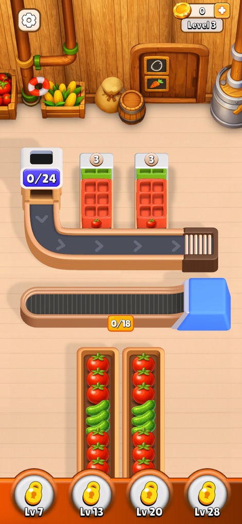 Farm Loop: Harvest Puzzle - La pantalla ilustra un diseño de bucle inicial con dispensadores de tomates y pepinos, destacando la progresión de niveles bloqueados y la anticipación de nuevos desafíos.