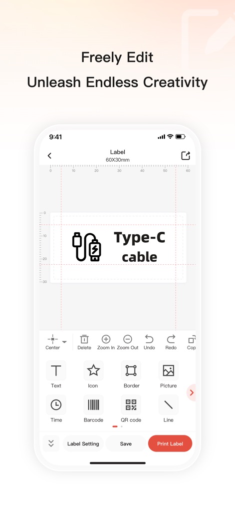 Print Master - The app provides a powerful design canvas with robust tools to add elements like 'Text' and 'Icons', empowering users to freely customize their labels before printing.