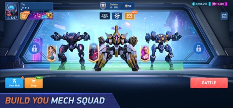 Mech Arena - Shooting Game - Users can build a formidable mech squad by viewing the customizable mech lineup and tracking their player progression through the XP and level indicator.