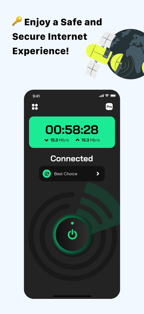 VPN - Airplane VPN Proxy - Users can monitor their secure connection with a real-time duration timer and live upload/download speed indicators.