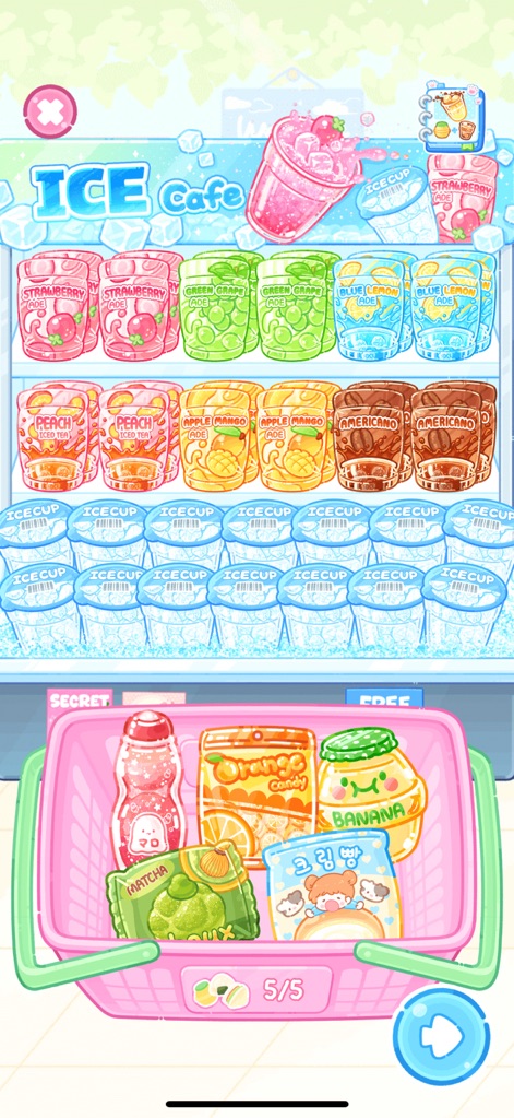 Tanghulu Master - Mukbang ASMR - The "ICE Cafe" section provides a wide range of flavored drinks, from strawberry to green grape, neatly organized for user selection in a shopping basket.