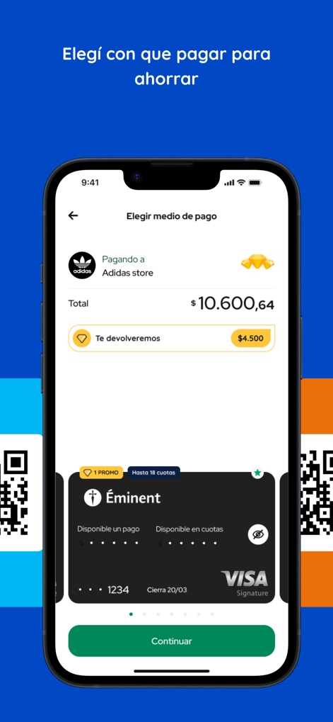 MODO - Lors du paiement, l'application met en évidence les économies potentielles (ex: "Te devolveremos $4.500") et permet de sélectionner le moyen de paiement offrant les meilleurs avantages ou des options de versements ("Hasta 18 cuotas").