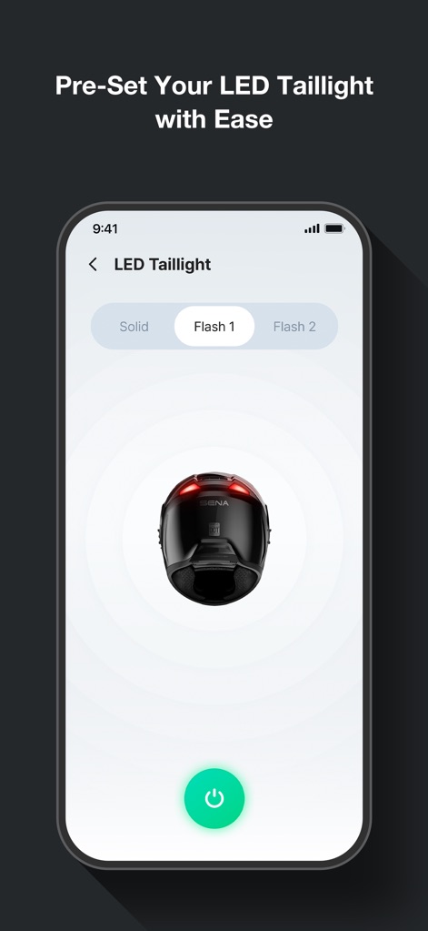 Sena Motorcycles - This intuitive interface allows pre-setting of the helmet's integrated 'LED Taillight', with options for 'Solid' illumination or various 'Flash' patterns.