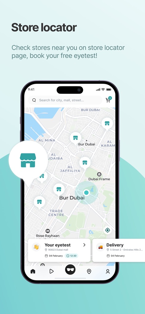 eyewa - Eyewear Shopping App - This tool provides an interactive map for locating nearby stores, along with options to book "Your eyetest" and check "Delivery" status.