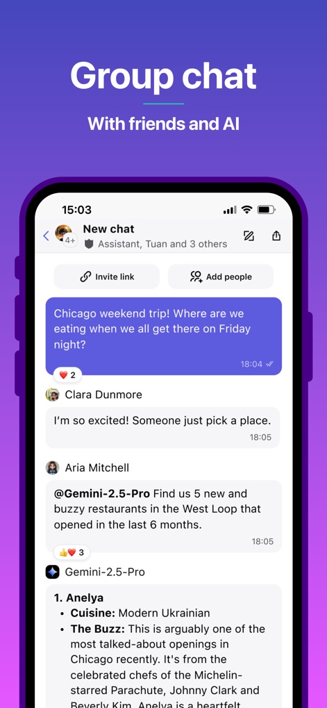 Poe – Fast AI Chat - Users can engage in group conversations, where AI models like '@Gemini-2.5-Pro' seamlessly join to provide recommendations and information alongside human participants.