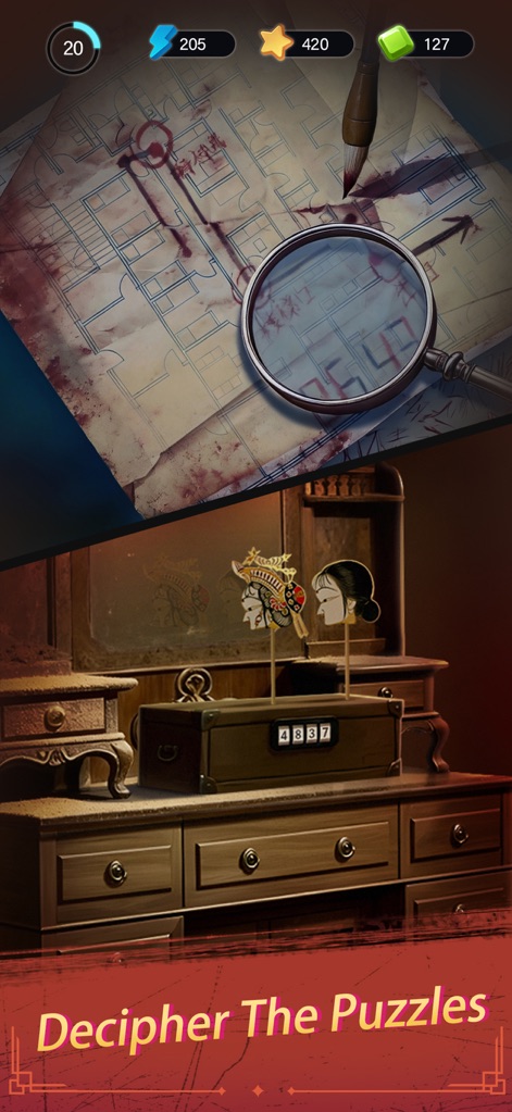 Haunted Merge: Horror Story - This sequence demonstrates the app's variety of challenges, from examining a mysterious blueprint with a magnifying glass to deciphering codes on unique artifacts like the numbered box.