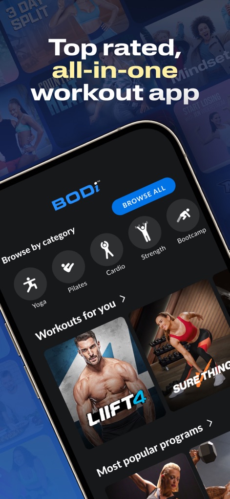 BODi by Beachbody Home Fitness - La aplicación presenta una interfaz clara con categorías destacadas como 'Yoga' y 'Pilates', y una sección de 'Workouts for you' que sugiere contenido personalizado para el usuario.