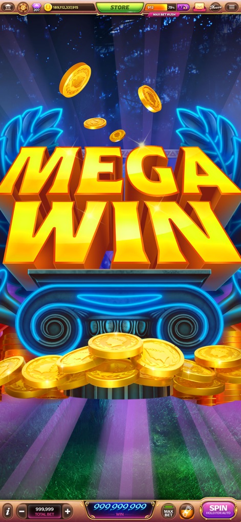 Caesars Slots - Casino Games - Celebrate significant victories with the vibrant 'MEGA WIN' banner animation and an impressive cascade of golden coins filling the screen.
