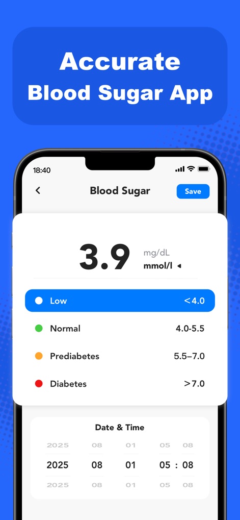 Blood Pressure - Health Pulse - Se observa la capacidad de registrar y clasificar los niveles de azúcar en sangre, con un valor de "3.9 mg/dL" y una guía visual de estados como "Low", "Normal" o "Diabetes".