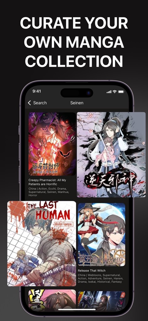 Manga Reader Plus - Japan Zone - Users can effortlessly build personalized libraries, viewing diverse manga covers arranged in a clear grid layout and applying advanced genre filtering like 'Seinen'.