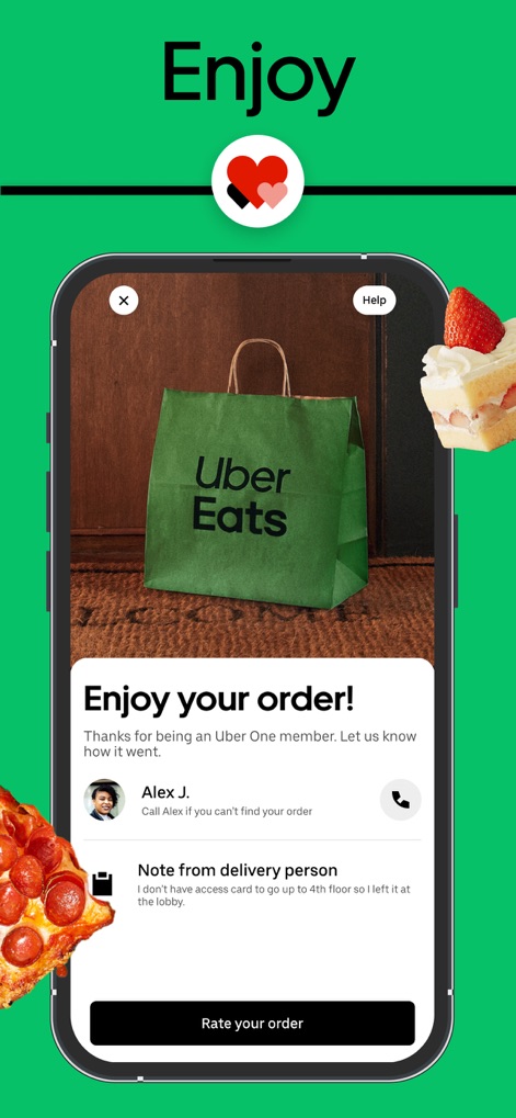 Uber Eats: Food & Groceries - Following delivery, the app presents a clear 'Enjoy your order!' confirmation screen, alongside options to contact the driver and a prominent 'Rate your order' prompt for feedback.