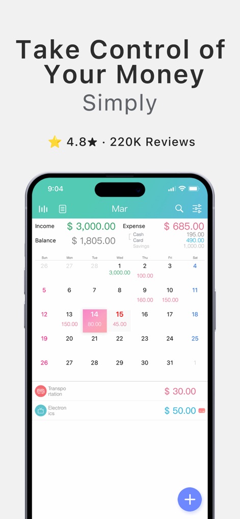 Weple Money: Expense Tracker - La aplicación ofrece una vista de calendario intuitiva que muestra los movimientos diarios y un resumen del balance actual, permitiendo a los usuarios ver su situación financiera de un vistazo.