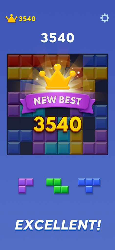 Block Blast！ - Users can celebrate their achievements with a prominent 'NEW BEST' crown animation, highlighting their highest score and encouraging continued play.