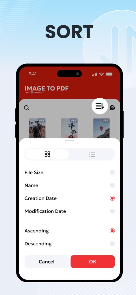 Image to PDF Converter & Edit - Users can effortlessly organize files with auto-sorting criteria like creation date and quickly switch between grid and list views.