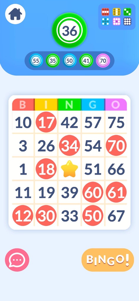 Bingo - Family games - L'app mostra chiaramente la cartella Bingo attiva con numeri già estratti e il numero corrente (36) per un'esperienza di gioco fluida e immediata. Gli utenti possono seguire facilmente lo stato della partita, evidenziato dalla visualizzazione dei numeri chiamati nei cerchietti sotto.