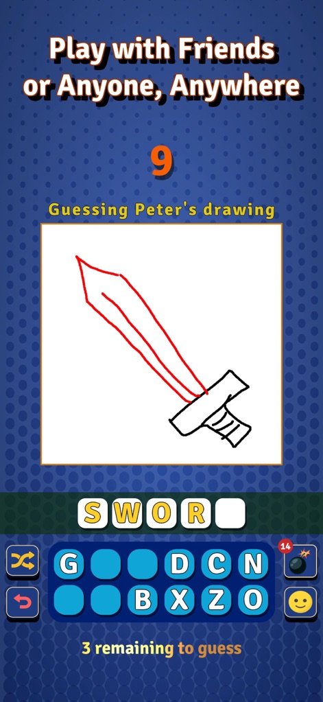 Draw With Buddies Multiplayer - L'interface de devinette est conçue pour des sessions multijoueurs rapides, affichant un compte à rebours et un clavier interactif pour une expérience de jeu dynamique et engageante.