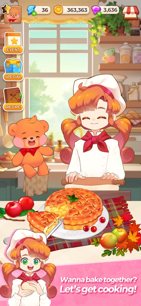 Dream Recipe : Merge Cooking - This view showcases the cheerful chef preparing a classic apple pie, alongside accessible menu options like 'Event' and 'Recipe' for deeper game engagement.