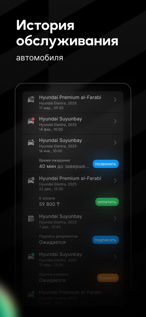 Mycar.kz: Купить, продать авто - Les propriétaires de véhicules peuvent consulter le détail des interventions passées, y compris les dates et les actions à entreprendre comme le paiement ou la signature de documents.