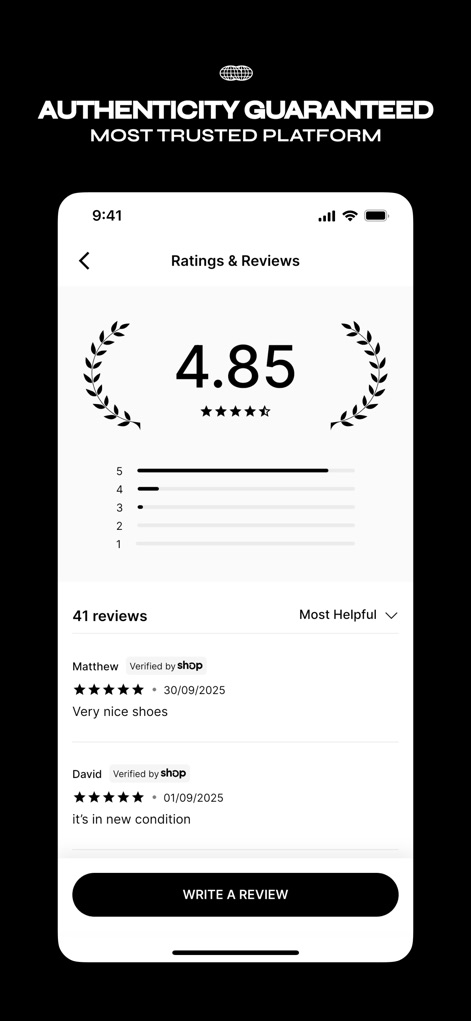 KICKS CREW: Shoes & Apparel - Building user trust, this section prominently displays an aggregate rating of 4.85 stars and showcases authentic individual user reviews to ensure confidence in purchases.