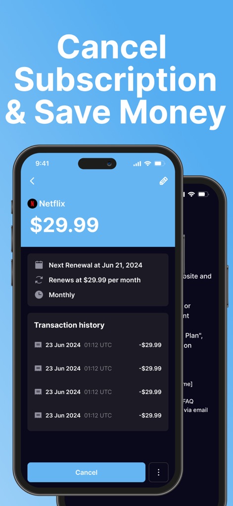SubPilot: Cancel Subscriptions - Esta pantalla detallada permite a los usuarios revisar el historial de transacciones de sus suscripciones y muestra un botón de 'Cancelar' claro y accesible, simplificando el proceso para dejar de pagar servicios no deseados.
