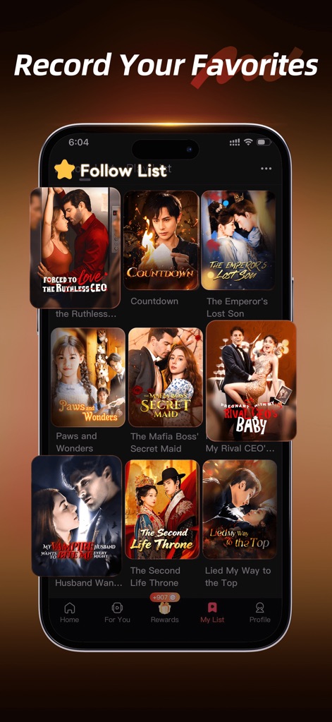 FlexTV: Short Drama, Reels, TV - This tool allows users to personalize their viewing experience through the "Follow List" section, where they can see saved drama covers and the "Record Your Favorites" prompt.