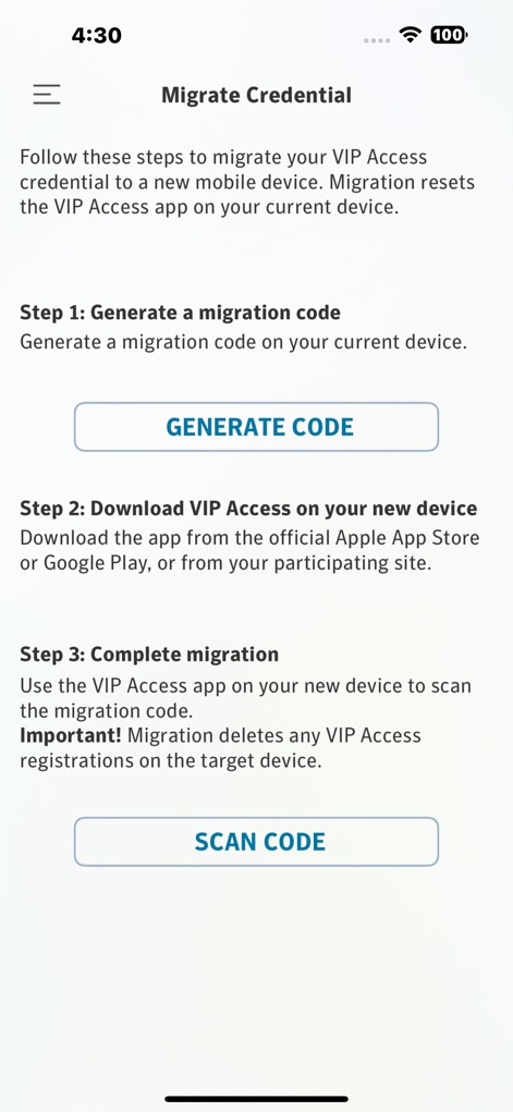 VIP Access for iPhone - The app presents clear, numbered steps for credential migration, detailing actions like 'Generate a migration code' and 'Scan code' for new devices.