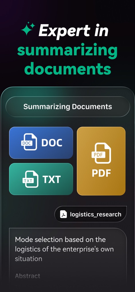 Chat AI 5: AI Agent & Video - Esta herramienta es ideal para la gestión documental, ya que permite resumir archivos en diversos formatos como PDF y DOC, facilitando la comprensión rápida de textos extensos, como el ejemplo de un abstract de investigación.