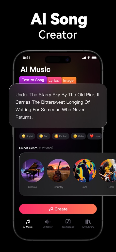 VocalMe Music: AI Cover Songs - The AI Song Creator provides an intuitive interface for Text to Song generation, offering diverse genre selections like Classic and Rock to inspire musical compositions.