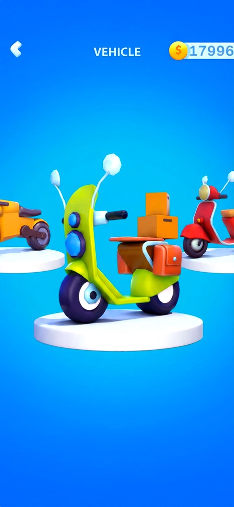 Paper Boy Race: Run & Rush 3D - La aplicación permite a los jugadores personalizar su experiencia con una variada selección de vehículos, destacando el diseño cartoonish de las scooters y una interfaz clara para la gestión de mejoras.