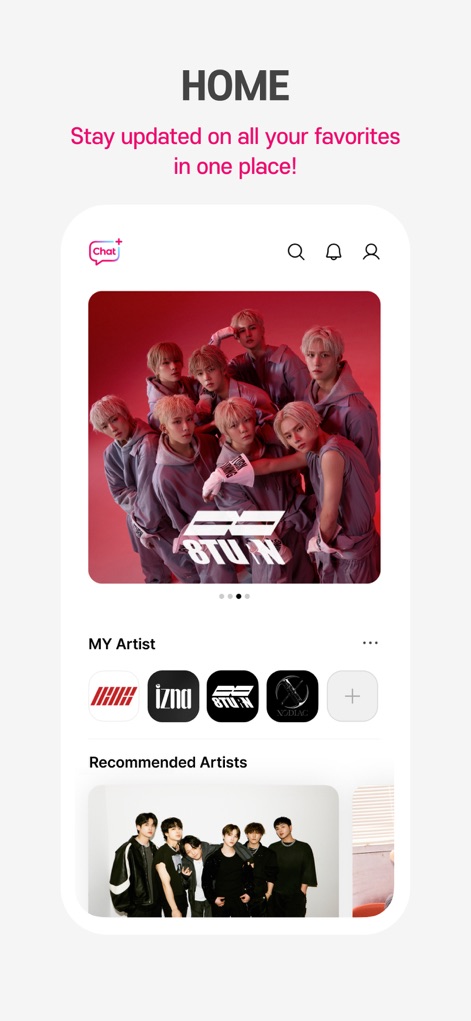 Plus Chat for K-POP - The app's 'HOME' section offers a personalized feed, presenting a large banner image of featured artists like GOT7 and a dedicated 'MY Artist' subsection for quick access.