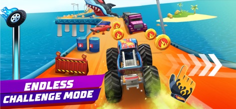 Hot Wheels Unlimited - La imagen presenta un imponente camión monstruo en una pista costera, mientras un Némesis tiburón gigante espera y el icono de un dedo señala la acción.