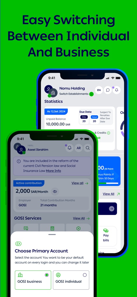 GOSI - This tool streamlines user experience by enabling effortless switching between individual and business accounts, clearly displayed through the "Switch Establishments" feature and distinct account types.