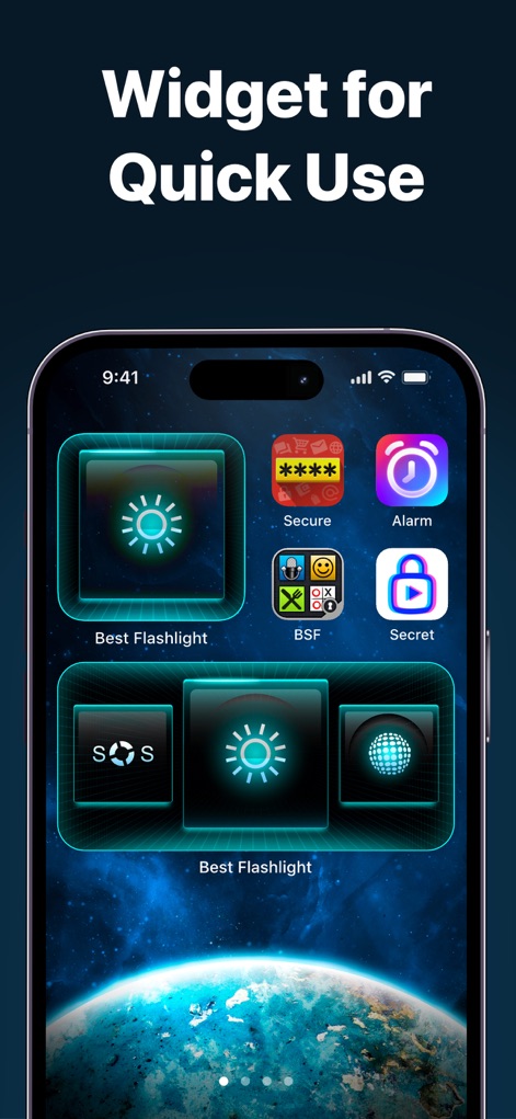 Best Flash Light - Flashlight - L'application offre des widgets pour un accès instantané aux fonctionnalités, visibles comme des icônes d'application distinctes sur l'écran d'accueil pour l'activation rapide de la lampe ou du mode SOS.