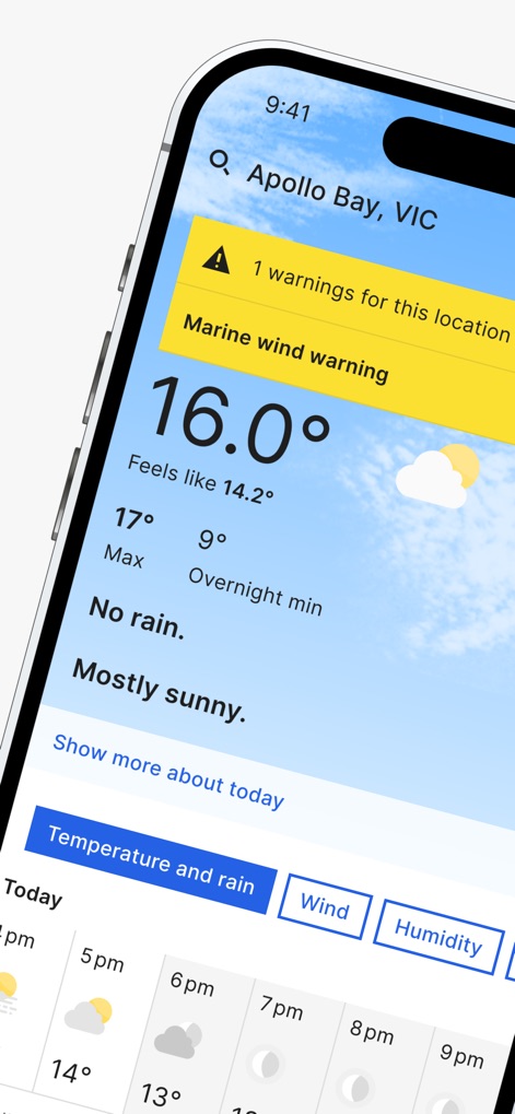 BOM Weather - The app displays real-time temperatures and 'feels like' data, alongside immediate warning banners for critical updates.