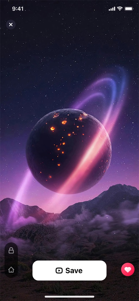 Wallpaper X – 4K HD wallpapers - Observe the full-screen preview functionality, with intuitive 'Save' options and direct access to set as 'Lock Screen' or 'Home Screen' backgrounds.