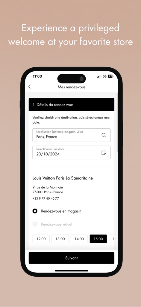 Louis Vuitton - The app simplifies scheduling with an intuitive appointment booking interface, allowing users to select locations like 'Paris, France' and preferred dates easily.