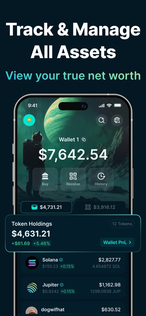 Jupiter Mobile - Solana Wallet - The unified dashboard provides a clear overview of total net worth and detailed token holdings, displaying balances for assets like Solana and Jupiter.