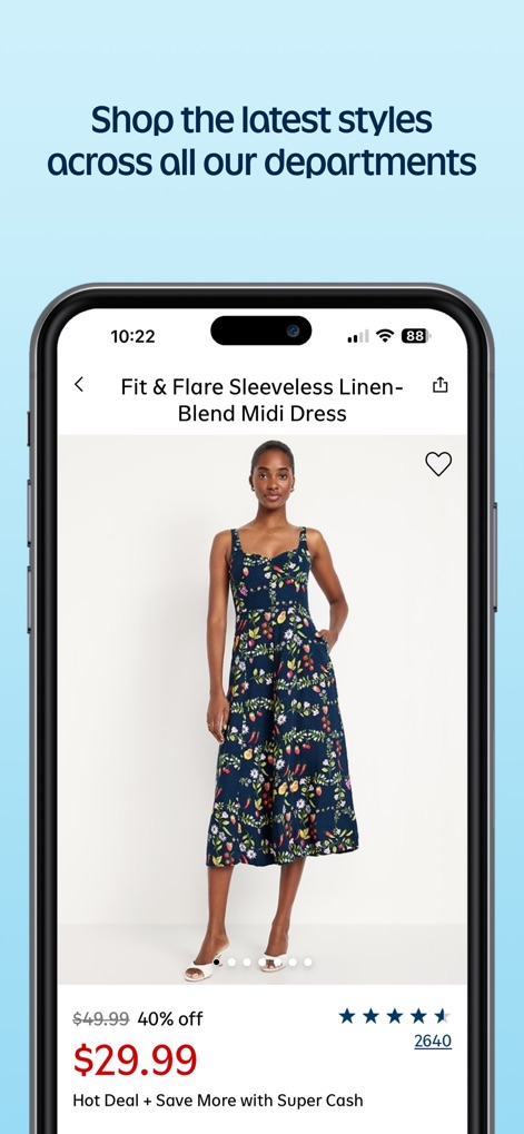 Old Navy: Shop for New Clothes - The app provides a detailed product image carousel and transparent pricing information, including significant discounts and Super Cash eligibility.